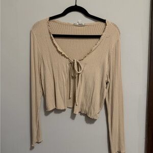 gaze Ribbed Tie-Front Long Sleeve Top - Cream